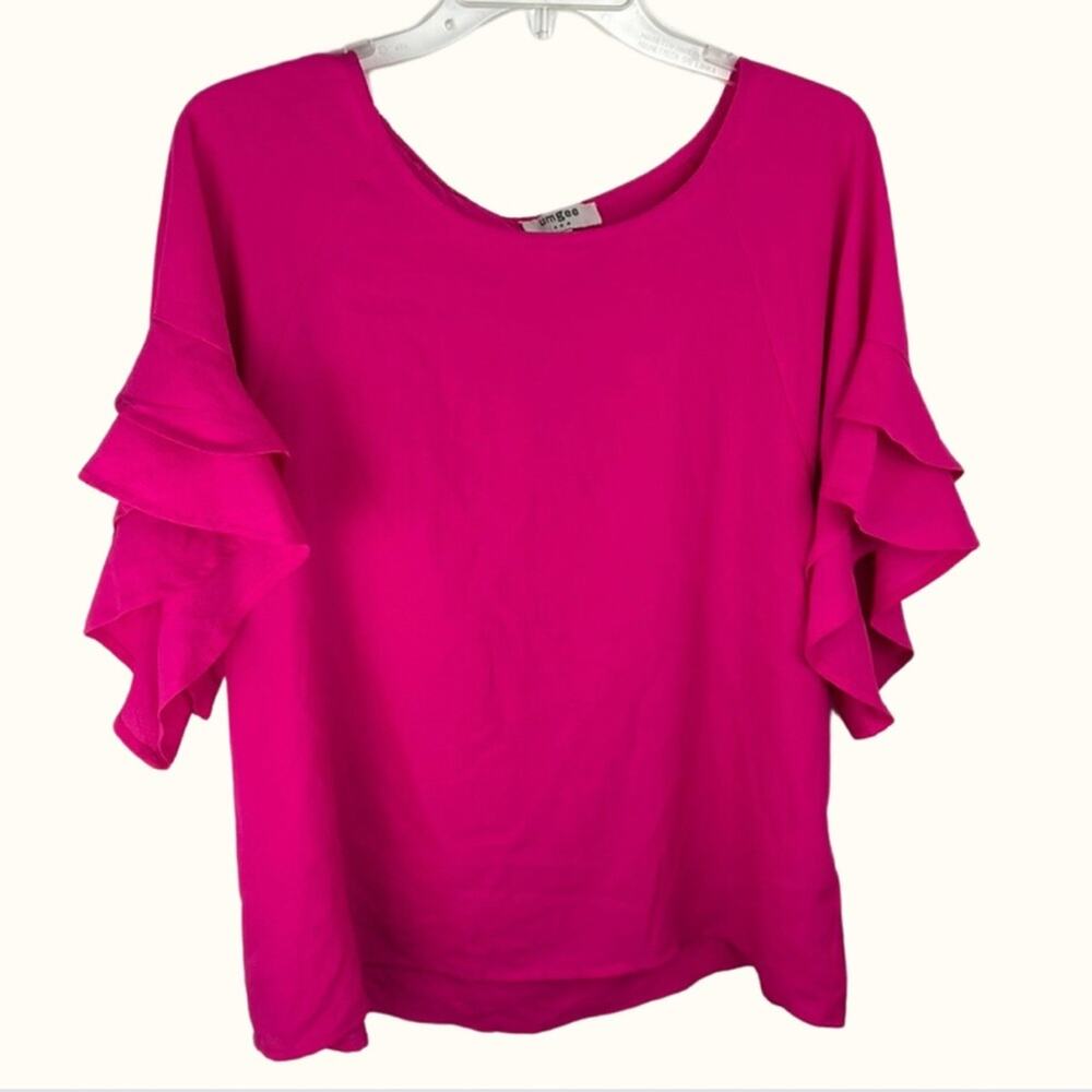 Umgee Womens Size Small Pink Ruffle Round Neck Short Flutter Sleeve Blouse Top